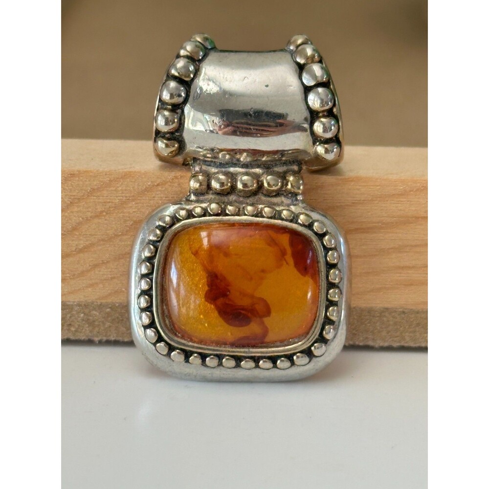 Chunky Pendant Silver Tone Faux Amber Slide Pendant Charm